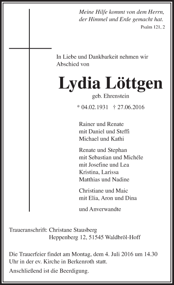  Traueranzeige für Lydia Löttgen vom 29.06.2016 aus  Lokalanzeiger 
