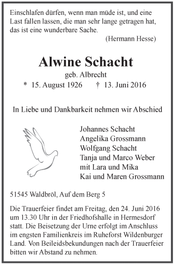 Anzeige von Alwine Schacht von  Lokalanzeiger 