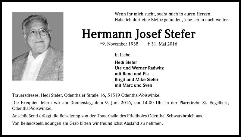  Traueranzeige für Hermann Josef Stefer vom 04.06.2016 aus Kölner Stadt-Anzeiger / Kölnische Rundschau / Express