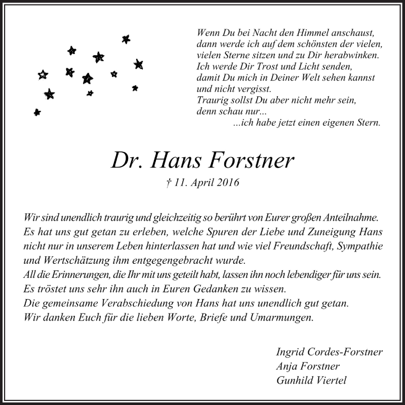  Traueranzeige für Hans Forstner vom 08.06.2016 aus  Bergisches Handelsblatt 