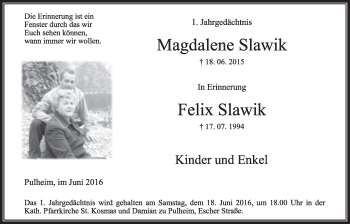 Anzeige von Magdalene und Felix Slawik von  Sonntags-Post 