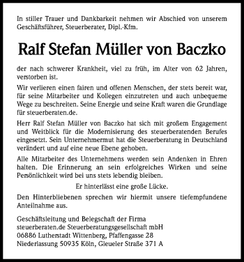 Anzeige von Ralf Stefan Müller von Baczko von Kölner Stadt-Anzeiger / Kölnische Rundschau / Express
