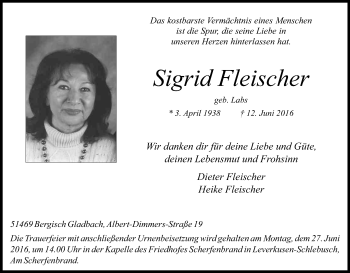 Anzeige von Sigrid Fleischer von Kölner Stadt-Anzeiger / Kölnische Rundschau / Express