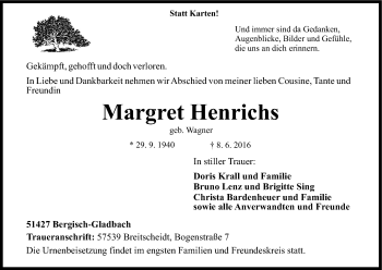 Anzeige von Margret Henrichs von Kölner Stadt-Anzeiger / Kölnische Rundschau / Express