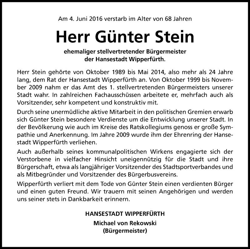  Traueranzeige für Günter Stein vom 09.06.2016 aus Kölner Stadt-Anzeiger / Kölnische Rundschau / Express
