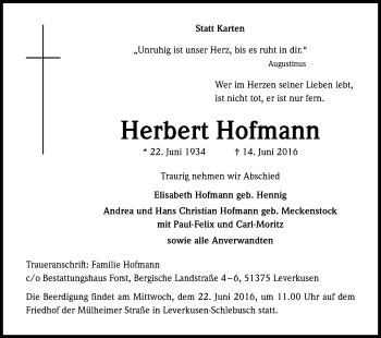 Anzeige von Herbert Hofmann von Kölner Stadt-Anzeiger / Kölnische Rundschau / Express