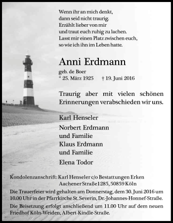 Anzeige von Anni Erdmann von Kölner Stadt-Anzeiger / Kölnische Rundschau / Express