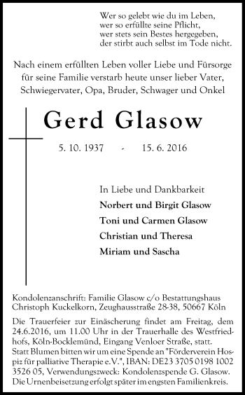 Anzeige von Gerd Glasow von Kölner Stadt-Anzeiger / Kölnische Rundschau / Express