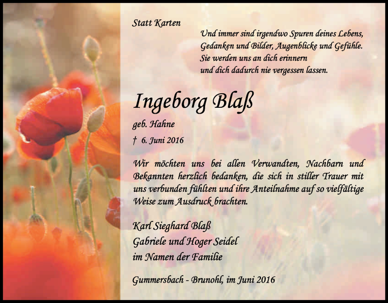  Traueranzeige für Ingeborg Blaß vom 29.06.2016 aus Kölner Stadt-Anzeiger / Kölnische Rundschau / Express