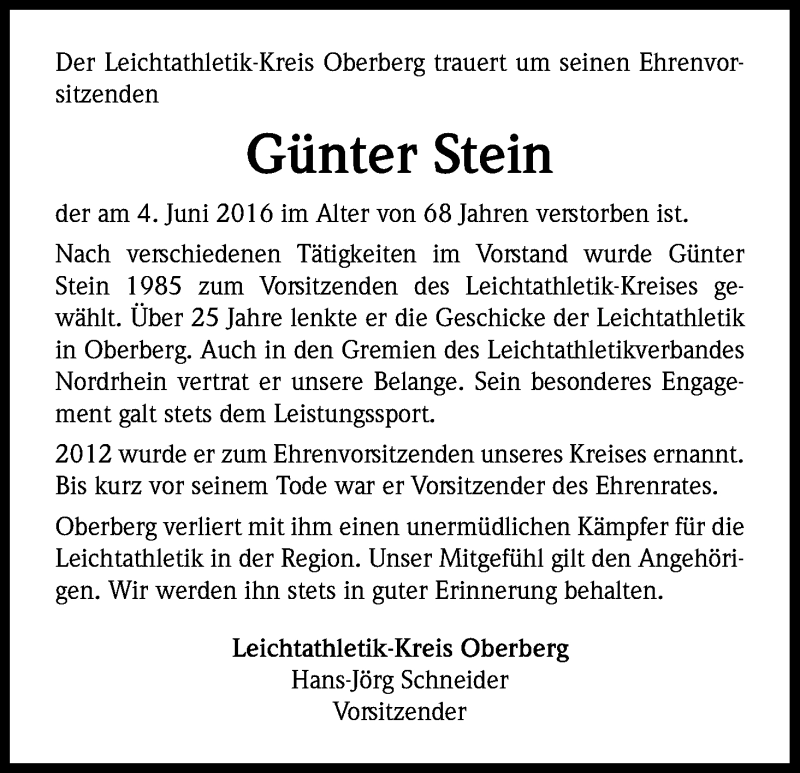  Traueranzeige für Günter Stein vom 11.06.2016 aus Kölner Stadt-Anzeiger / Kölnische Rundschau / Express