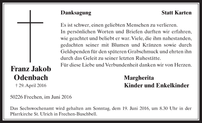  Traueranzeige für Franz Jakob Odenbach vom 08.06.2016 aus  Wochenende 