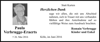 Anzeige von Paula Verbrugge-Eraerts von Kölner Stadt-Anzeiger / Kölnische Rundschau / Express