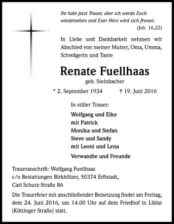 Anzeige von Renate Fuellhaas von Kölner Stadt-Anzeiger / Kölnische Rundschau / Express