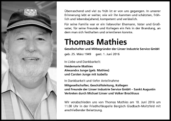 Anzeige von Thomas Mathies von Kölner Stadt-Anzeiger / Kölnische Rundschau / Express