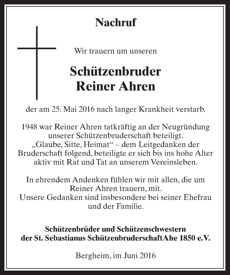  Traueranzeige für Reiner Ahren vom 08.06.2016 aus  Werbepost 