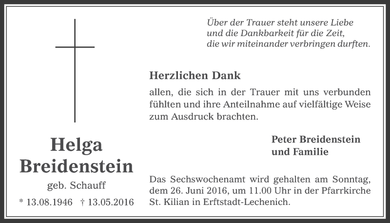  Traueranzeige für Helga Breidenstein vom 15.06.2016 aus  Werbepost 