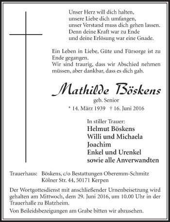 Anzeige von Mathilde Böskens von  Sonntags-Post 