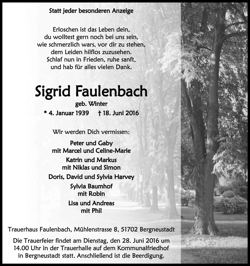  Traueranzeige für Sigrid Faulenbach vom 25.06.2016 aus Kölner Stadt-Anzeiger / Kölnische Rundschau / Express