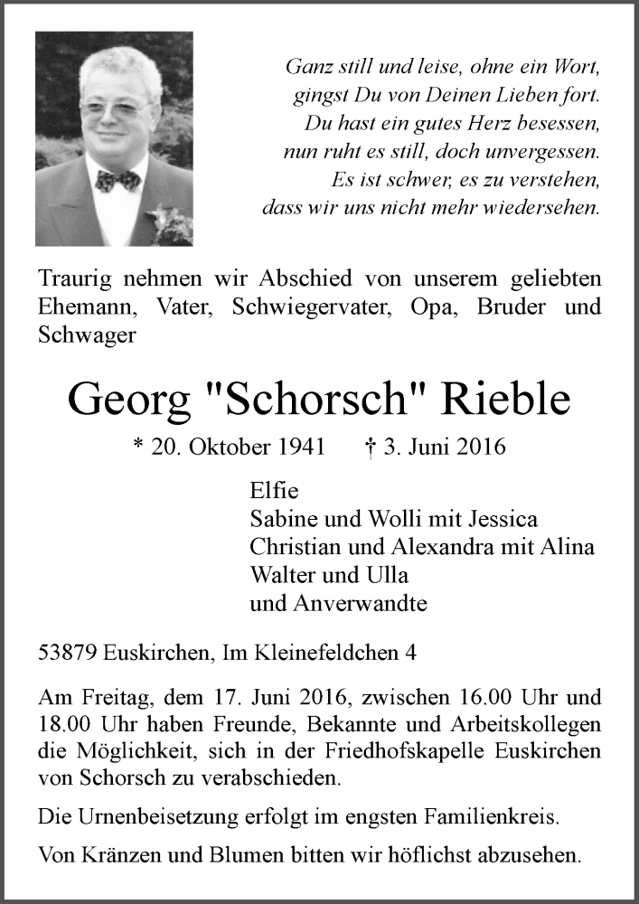  Traueranzeige für Georg Rieble vom 11.06.2016 aus  Blickpunkt Euskirchen 