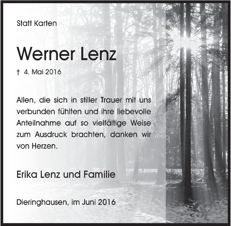  Traueranzeige für Werner Lenz vom 15.06.2016 aus  Anzeigen Echo 