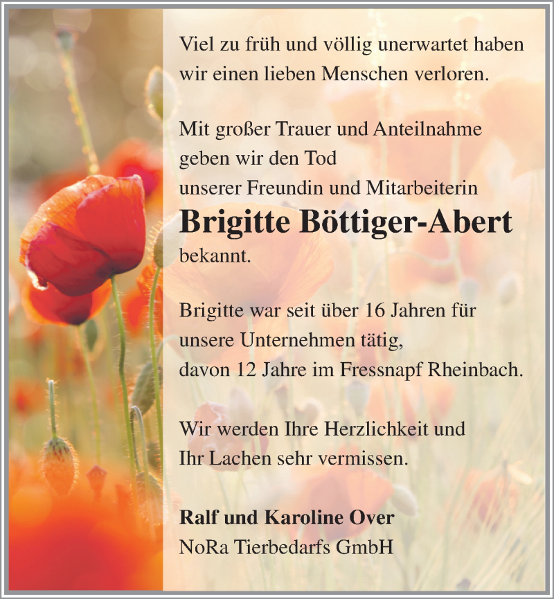  Traueranzeige für Brigitte Böttiger-Abert vom 15.06.2016 aus  Schaufenster/Blickpunkt 