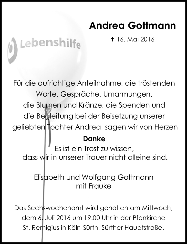  Traueranzeige für Andrea Gottmann vom 08.06.2016 aus  Kölner Wochenspiegel 