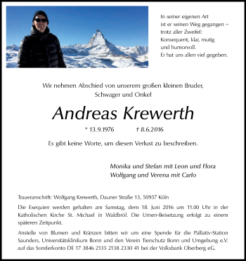 Anzeige von Andreas Krewerth von Kölner Stadt-Anzeiger / Kölnische Rundschau / Express