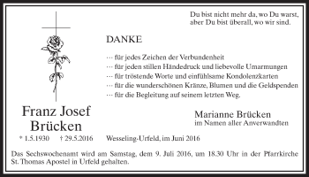 Anzeige von Franz Josef Brücken von  Schlossbote/Werbekurier 