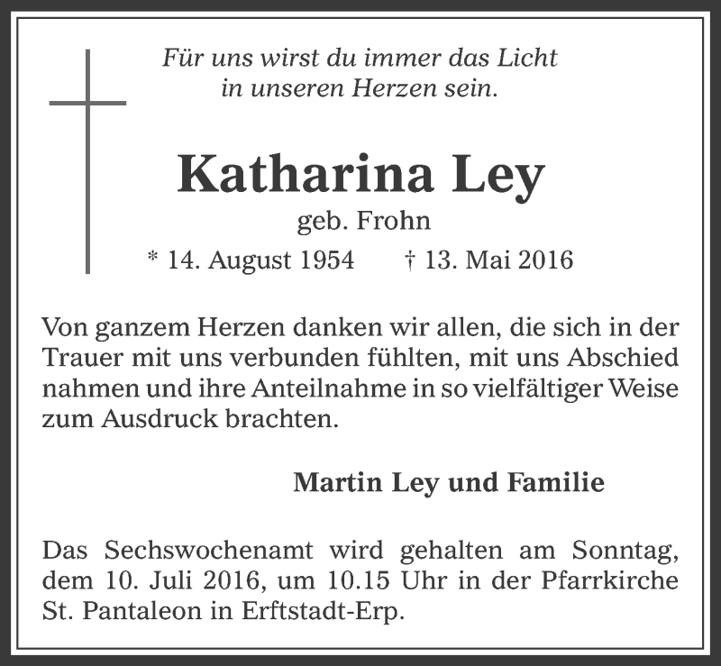  Traueranzeige für Katharina Ley vom 29.06.2016 aus  Werbepost 