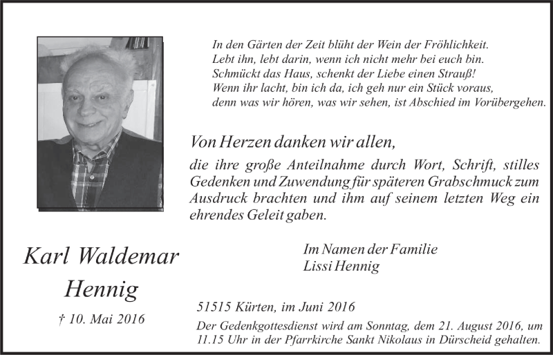  Traueranzeige für Karl Waldemar Hennig vom 22.06.2016 aus  Bergisches Handelsblatt 