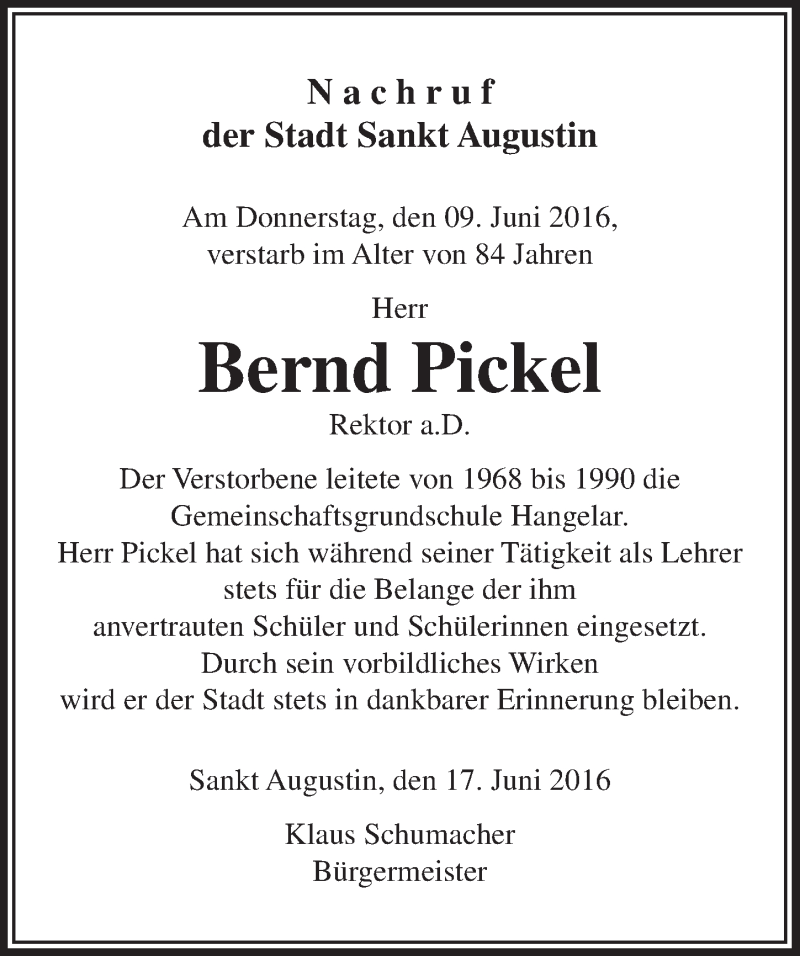  Traueranzeige für Bernd Pickel vom 29.06.2016 aus  Extra Blatt 