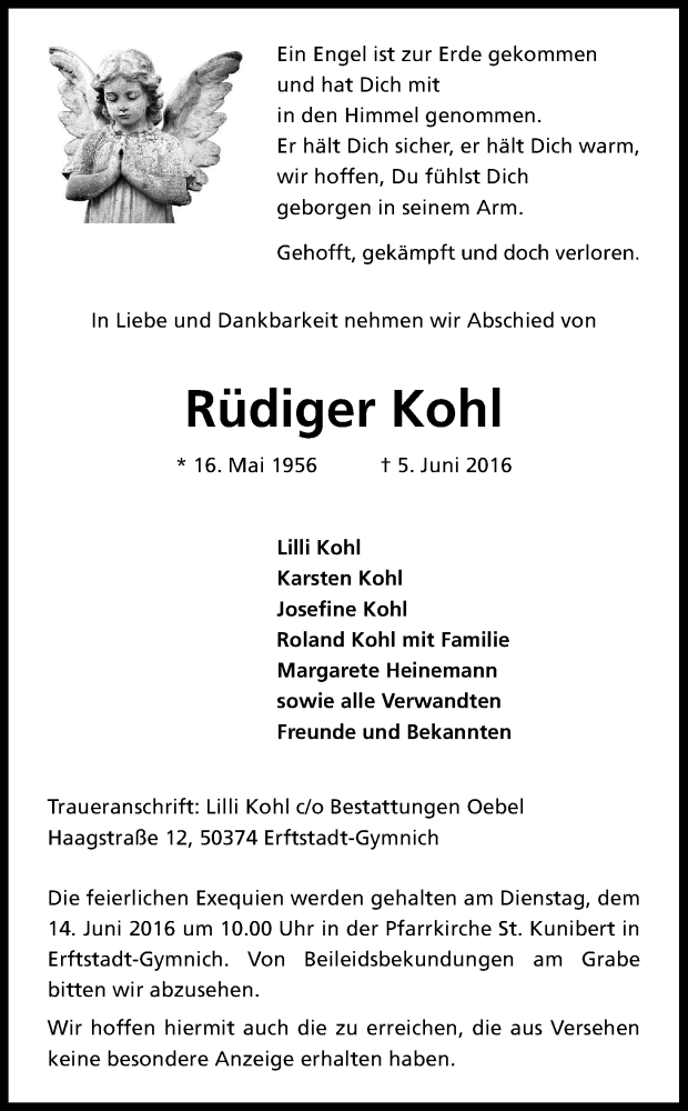  Traueranzeige für Rüdiger Kohl vom 11.06.2016 aus Kölner Stadt-Anzeiger / Kölnische Rundschau / Express