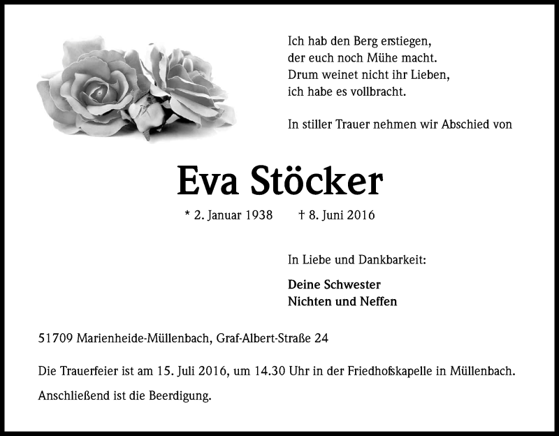  Traueranzeige für Eva Stöcker vom 15.06.2016 aus Kölner Stadt-Anzeiger / Kölnische Rundschau / Express