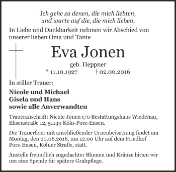 Anzeige von Eva Jonen von  Kölner Wochenspiegel 