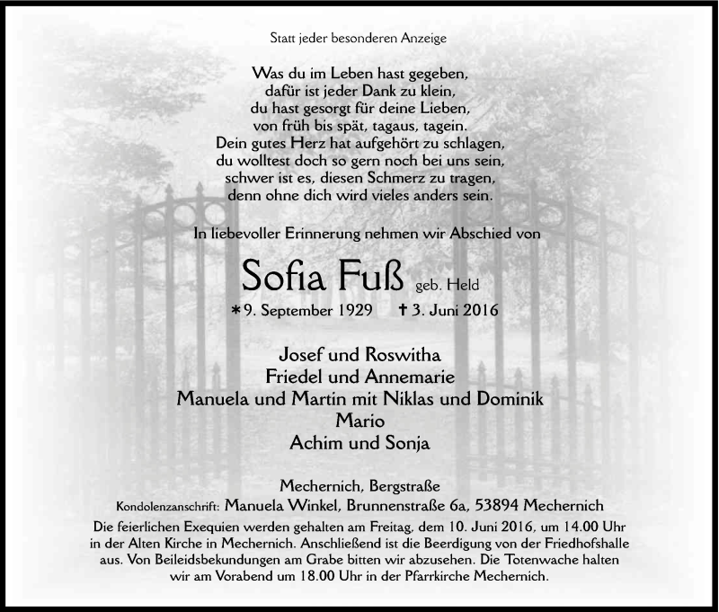  Traueranzeige für Sofia Fuß vom 07.06.2016 aus Kölner Stadt-Anzeiger / Kölnische Rundschau / Express