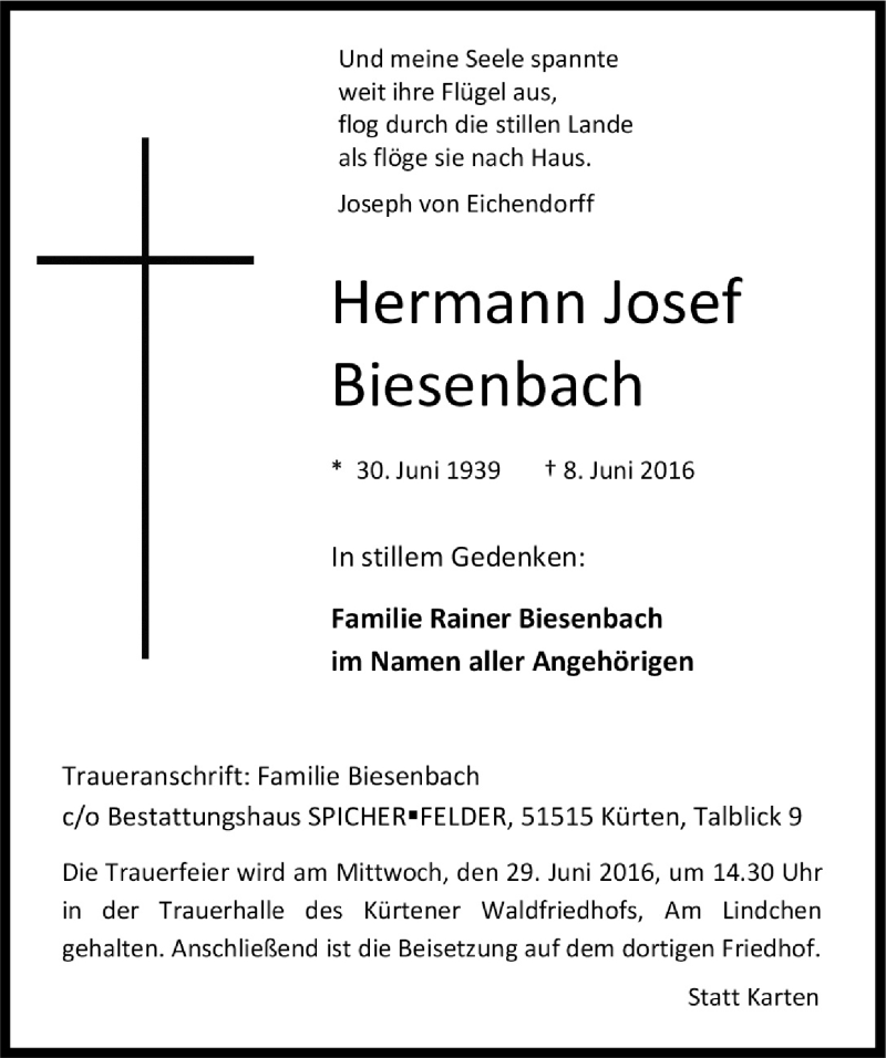  Traueranzeige für Hermann Josef Biesenbach vom 22.06.2016 aus  Bergisches Handelsblatt 