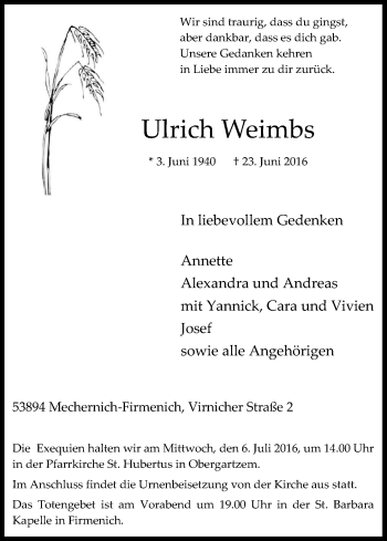 Anzeige von Ulrich Weimbs von Kölner Stadt-Anzeiger / Kölnische Rundschau / Express