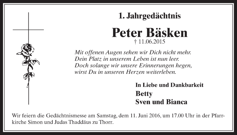  Traueranzeige für Peter Bäsken vom 04.06.2016 aus  Sonntags-Post 