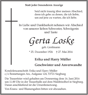 Anzeige von Gerta Loske von  Extra Blatt 