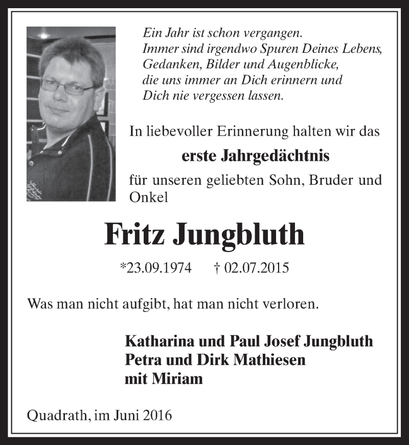  Traueranzeige für Fritz Jungbluth vom 22.06.2016 aus  Werbepost 