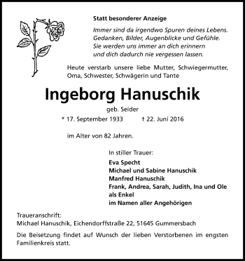 Anzeige von Ingeborg Hanuschik von Kölner Stadt-Anzeiger / Kölnische Rundschau / Express