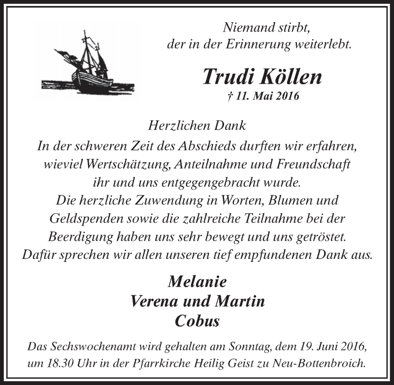  Traueranzeige für Trudi Köllen vom 11.06.2016 aus  Sonntags-Post 