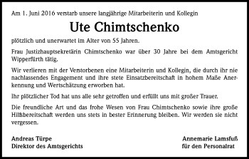 Anzeige von Ute Chimtschenko von Kölner Stadt-Anzeiger / Kölnische Rundschau / Express