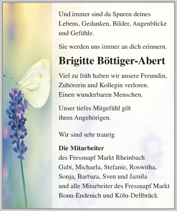 Anzeige von Brigitte Böttiger-Abert von  Schaufenster/Blickpunkt 