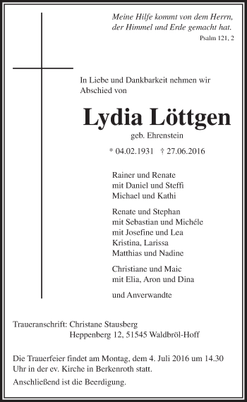 Anzeige von Lydia Löttgen von  Lokalanzeiger 
