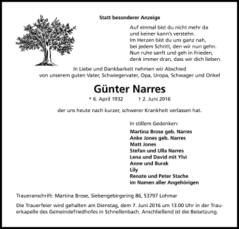 Anzeige von Günter Narres von Kölner Stadt-Anzeiger / Kölnische Rundschau / Express