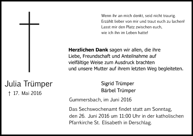  Traueranzeige für Julia Trümper vom 18.06.2016 aus Kölner Stadt-Anzeiger / Kölnische Rundschau / Express