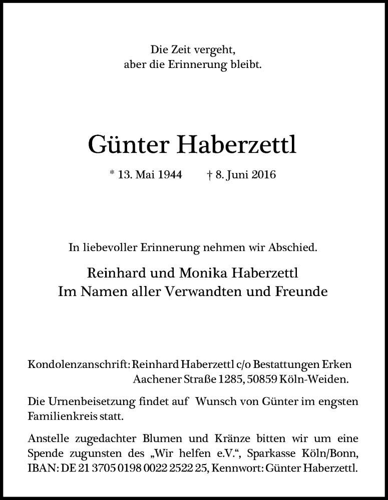 Traueranzeige für Günter Haberzettl vom 18.06.2016 aus Kölner Stadt-Anzeiger / Kölnische Rundschau / Express