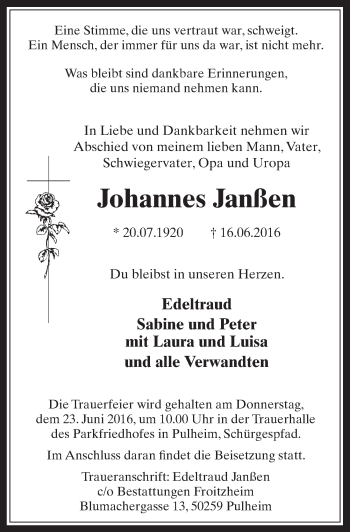 Anzeige von Johannes Janßen von  Wochenende 