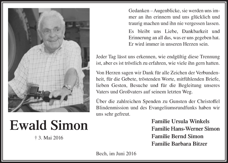  Traueranzeige für Ewald Simon vom 08.06.2016 aus  Lokalanzeiger 